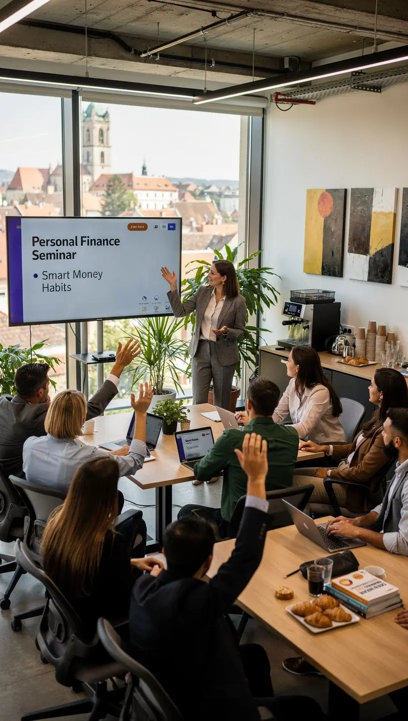 Volum de carte cu titlul despre finanțe personale, pus în evidență într-un spațiu de întâlnire comunitar.