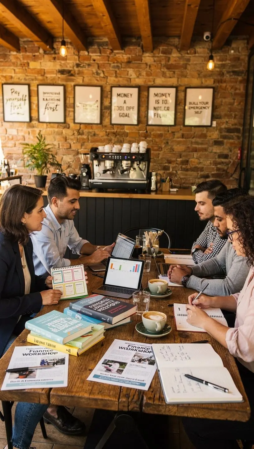 Grup de persoane discutând strategii financiare în cadrul unui club comunitar dedicat educației financiare personale.