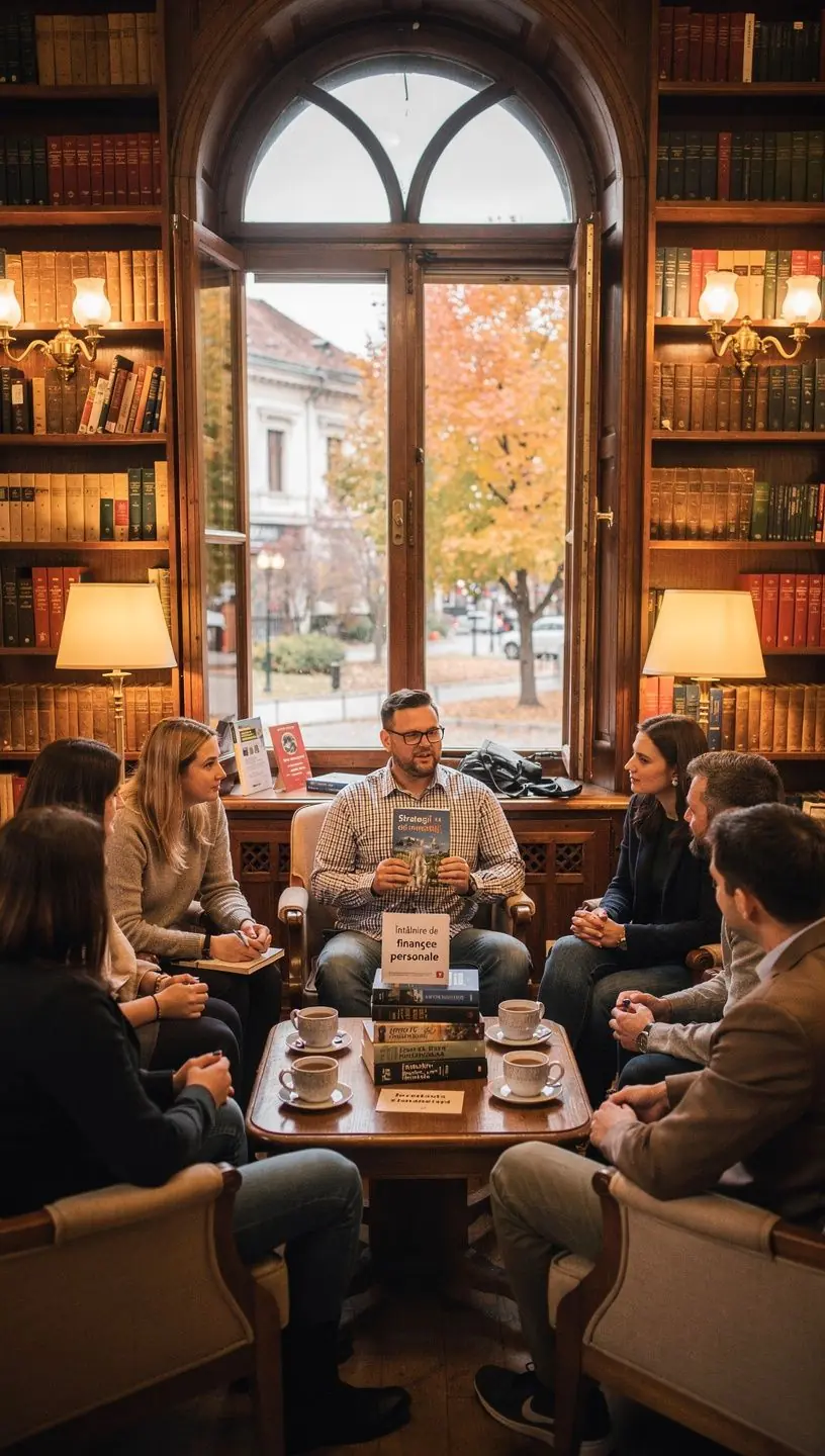 Masa cu cărți și planificatoare financiare expuse pentru vânzare în timpul unei întâlniri locale.